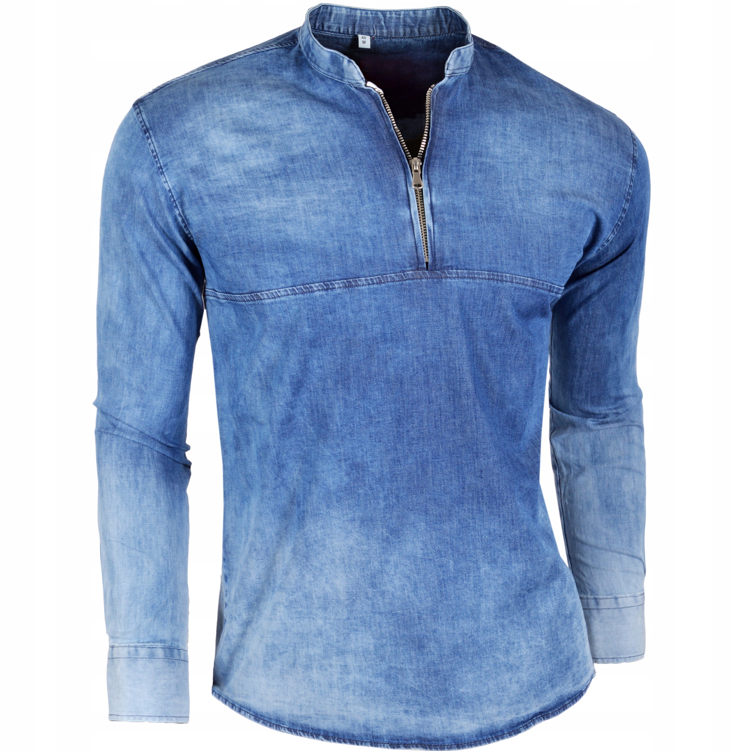 

Koszula Męska Jeans Przecierana Denim Stójka Zamek