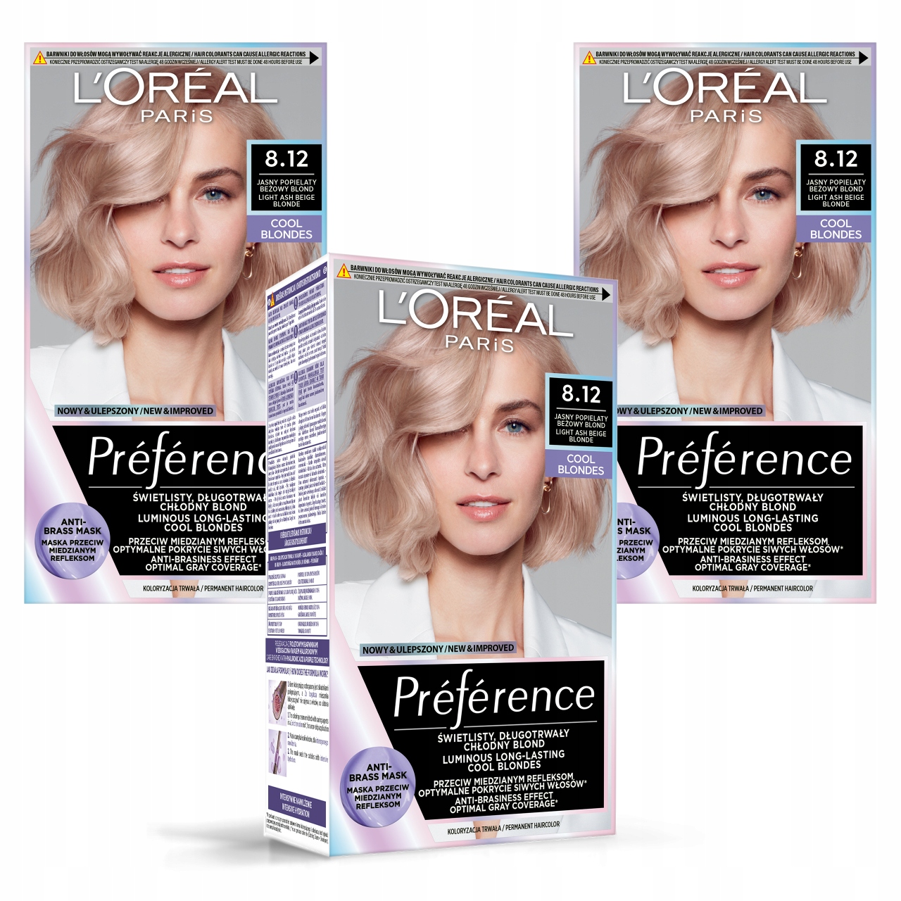 Zestaw 3x L'Oréal Preference Farba Do Włosów 8.12 Alaska Jasny Beżowy Blond