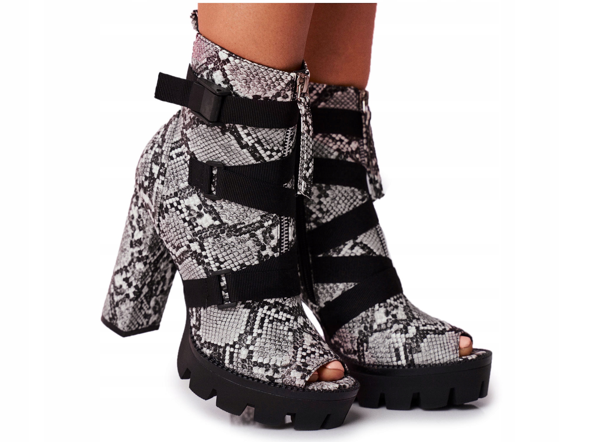 

Botki Open Toe Na Platformie Czarne Snake 40