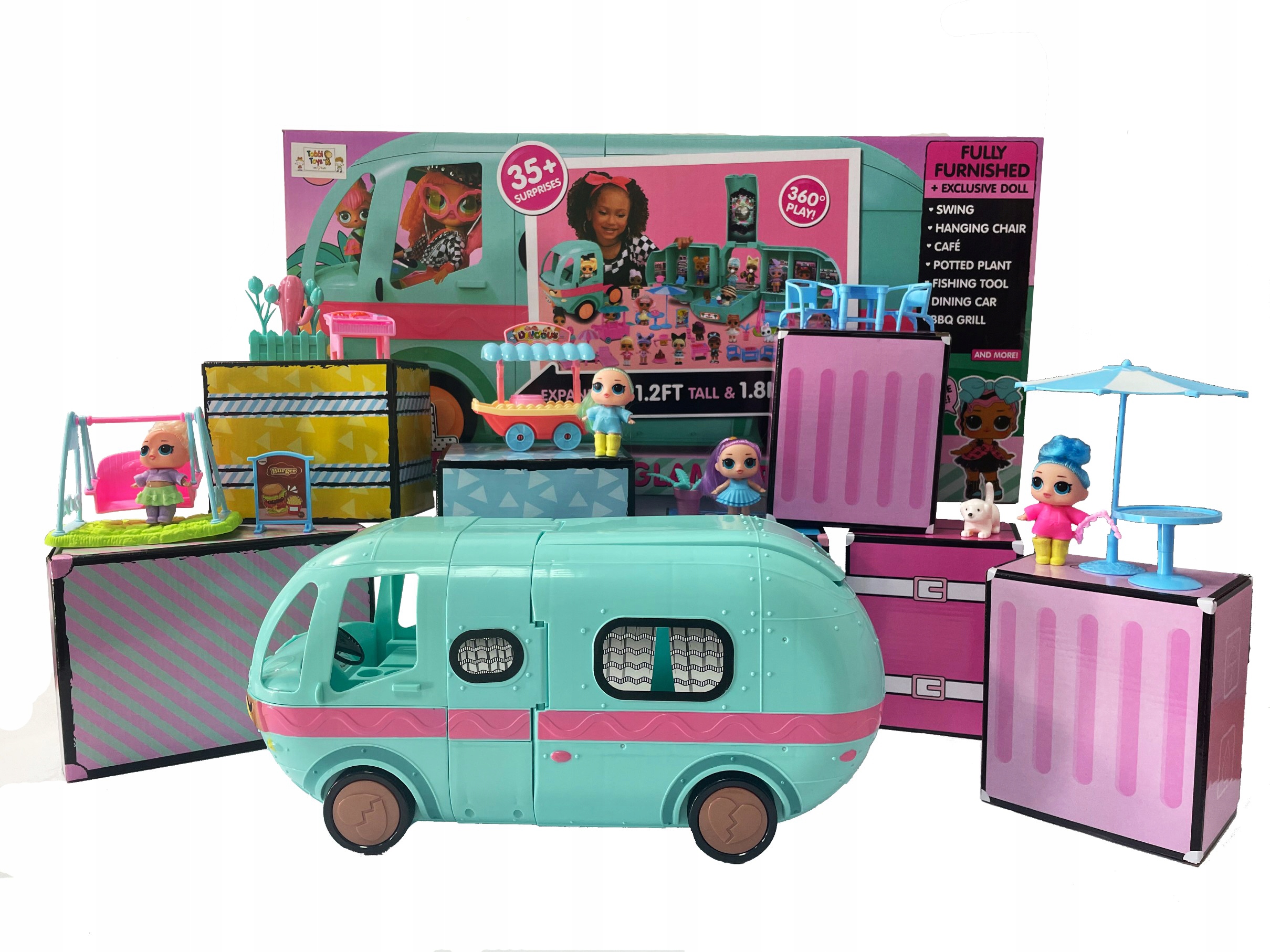 KAMPER AUTOBUS Z LALKAMI DLA DZIEWCZYNEK GLAMPER 35 ELEMENTÓW Marka bez marki