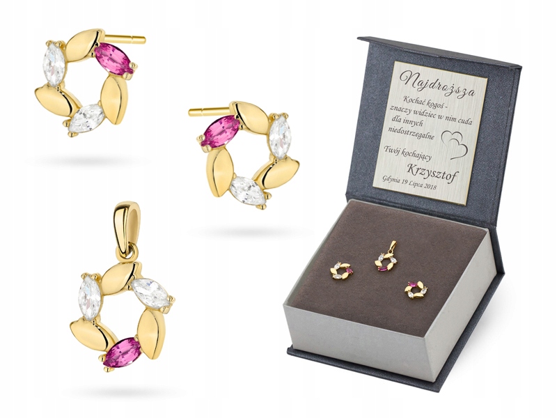 Zlatý Komplet pr. 585 Náušnice přívěsek Lístky Zirkony 14k