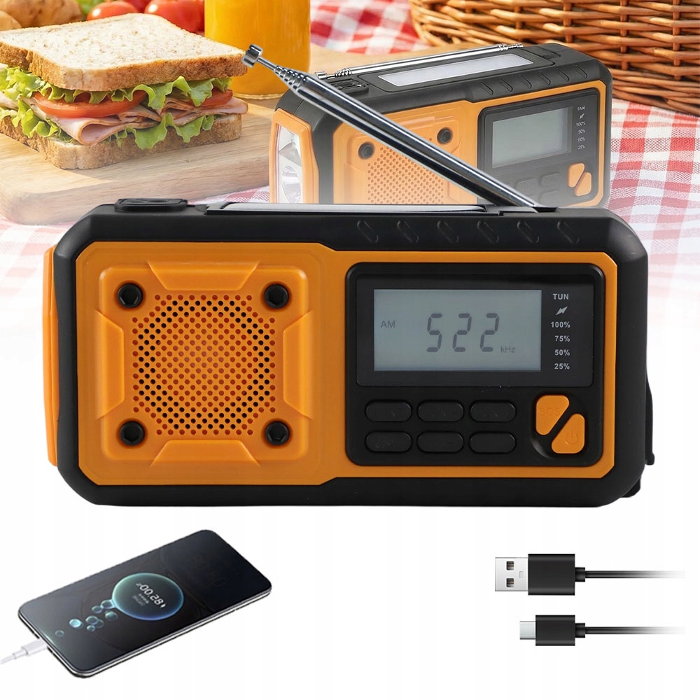 Solární Nouzové Rádio 4000 Mah S Baterkou A Omáčkou Pro Pěší Turistiku