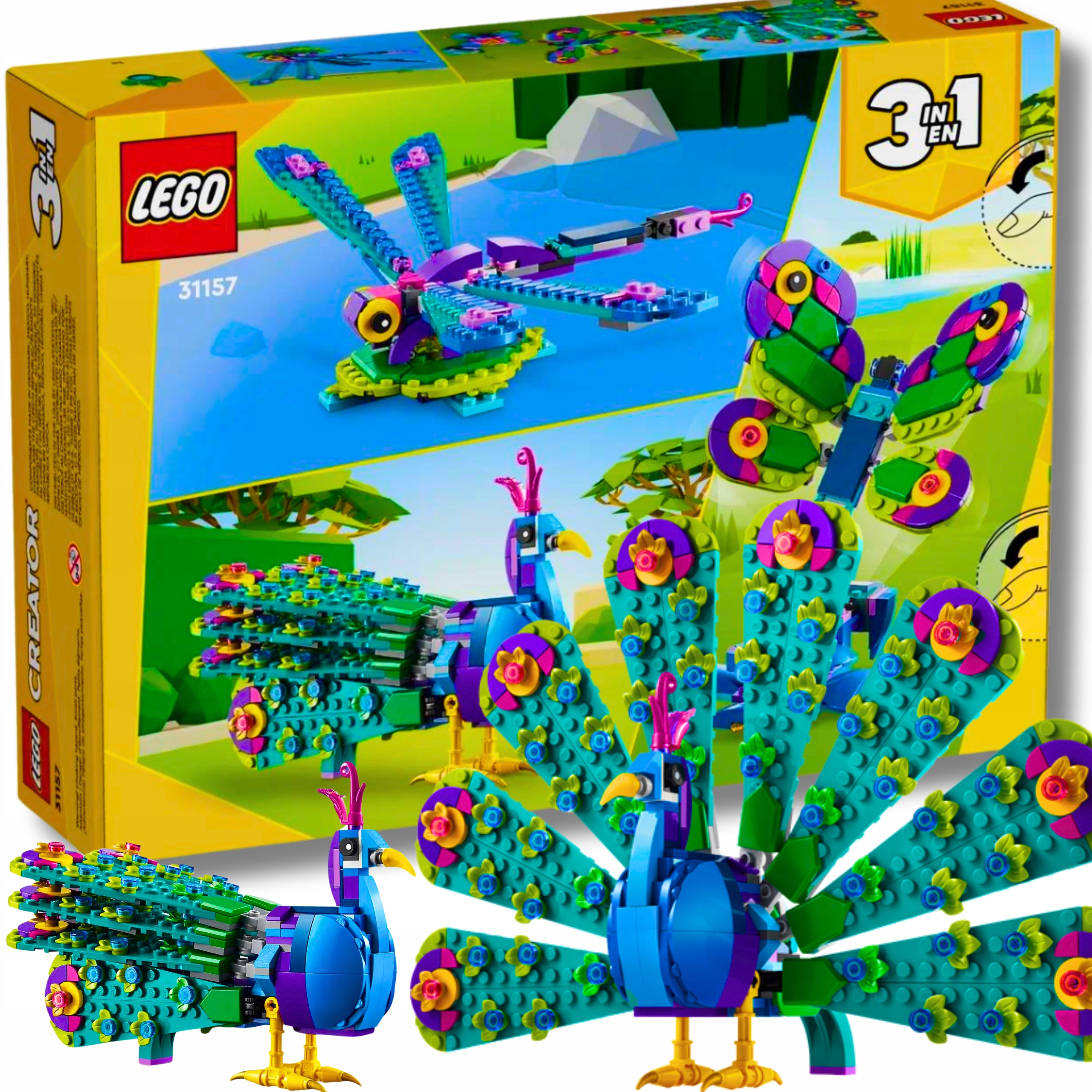 Lego 31157 Creator Egzotyczny Paw 3W1 Motyl Egzotyczne Dzikie Zwierzeta