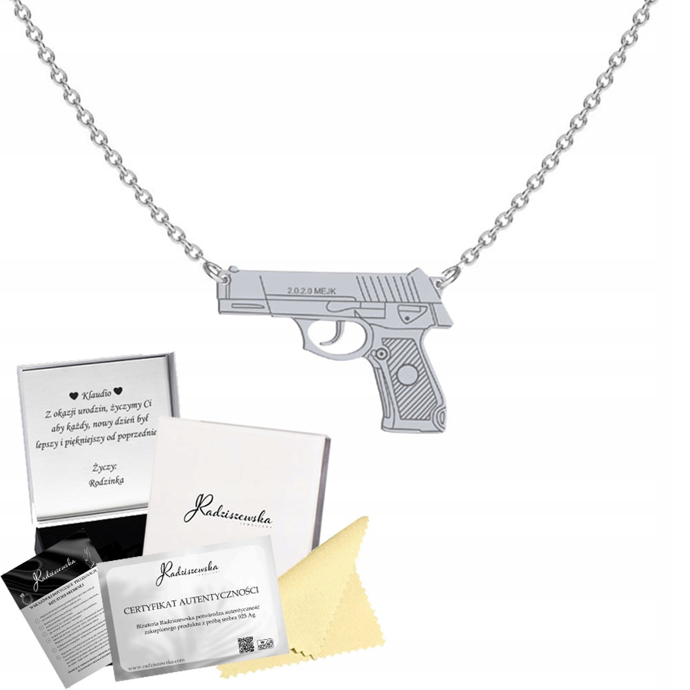 Celebrity s pistolí Stříbro 925 Řetízek Dárek Dedikace Bonus