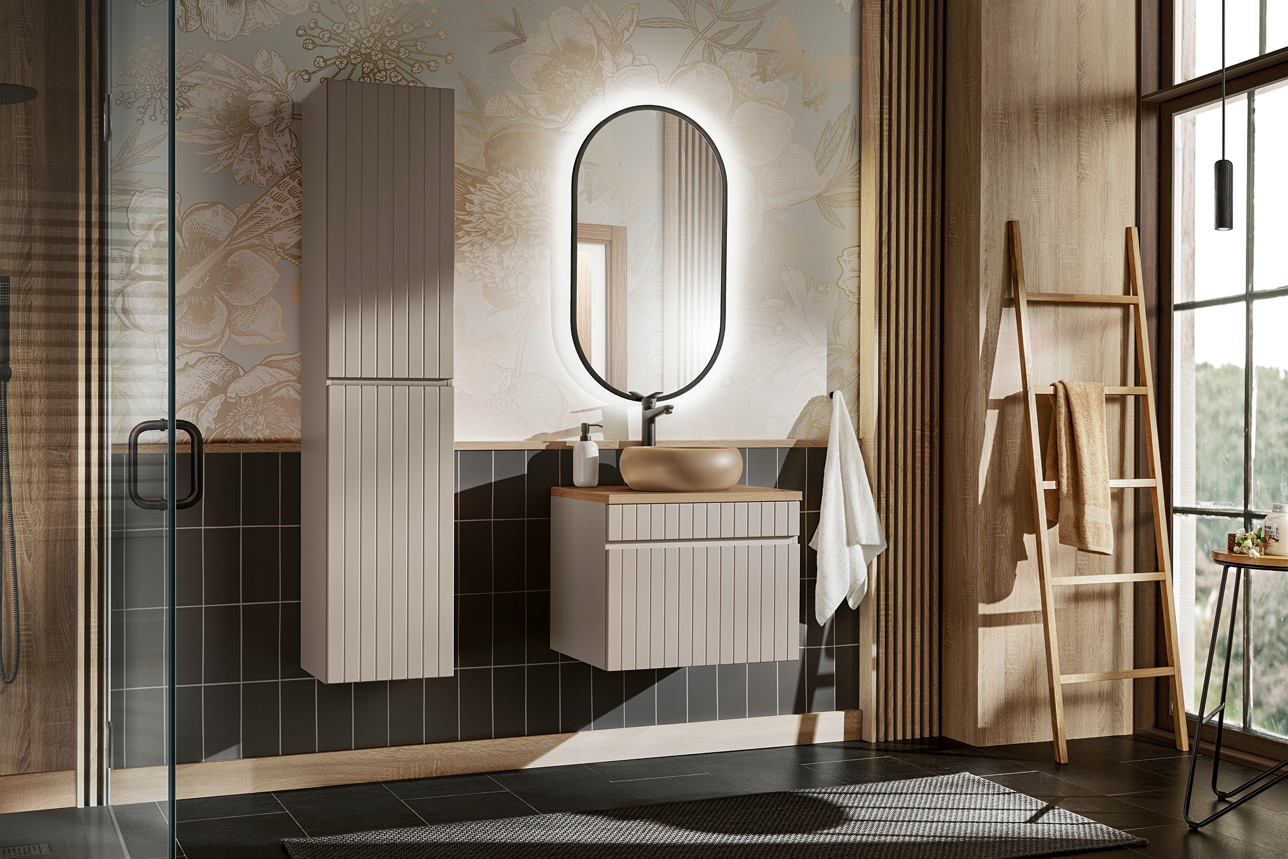 Nábytková sada 60 cm s deskou, umyvadlem na desku Wiki, skříňkou zrcadlo