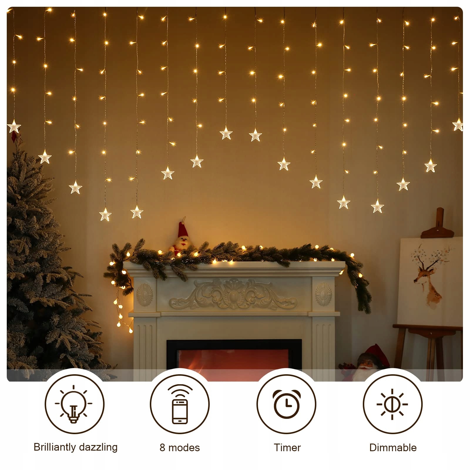 BLOOMWIN KURTYNA ŚWIETLNA GWIAZDY ŚWIĄTECZNE 104 LED USB 8 TRYBÓW WEWNĄTRZ — miniatura 5