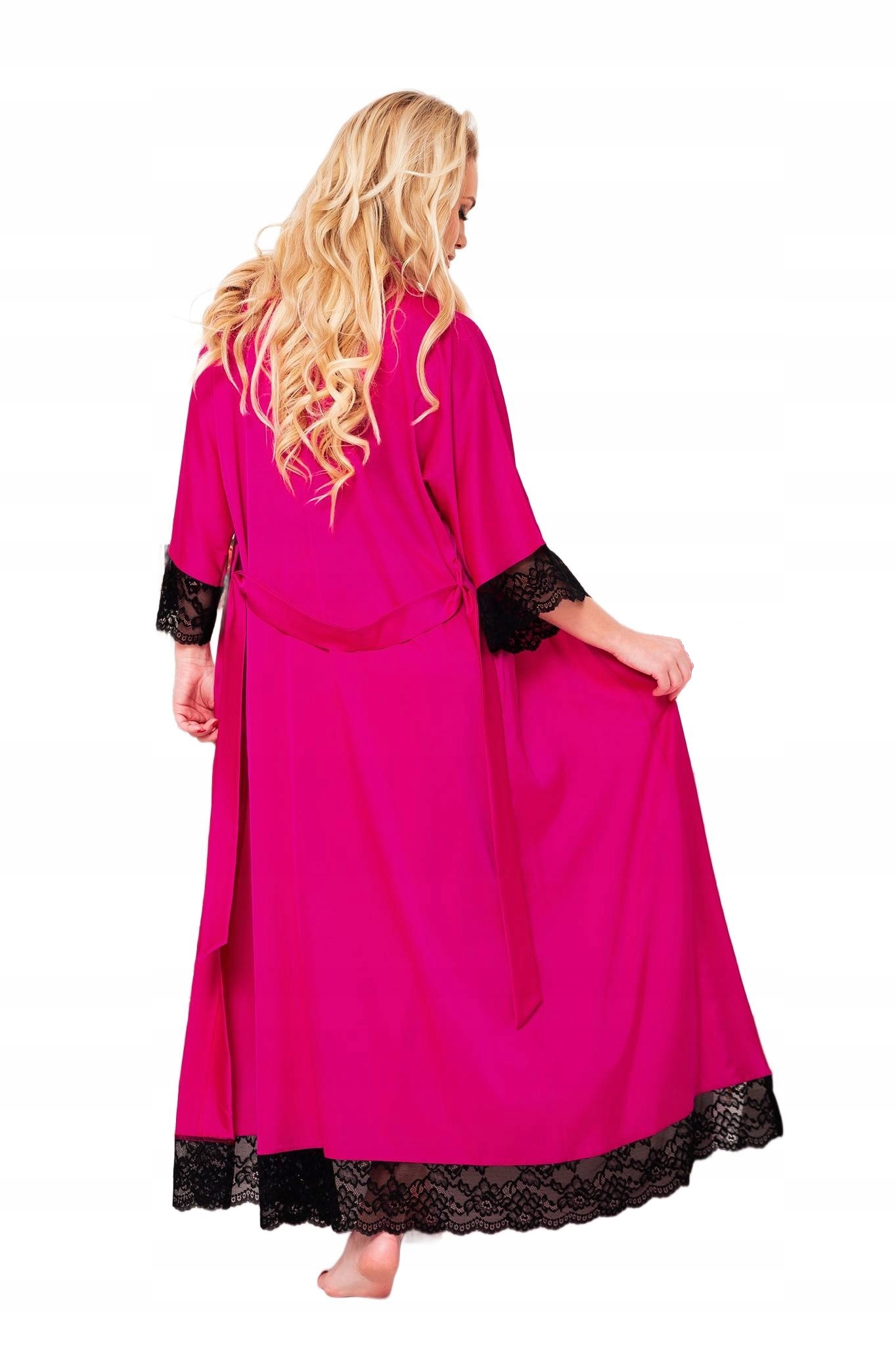 Župan Sumatra s fuchsiovou krajkou, růžový saténový župan L pro ni