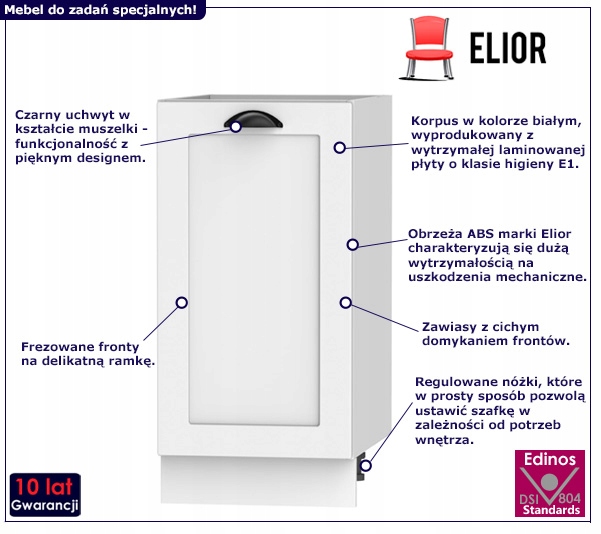 SZAFKA KUCHENNA BIAŁA DOLNA Z PÓŁKAMI SZER-40 CM Producent Elior
