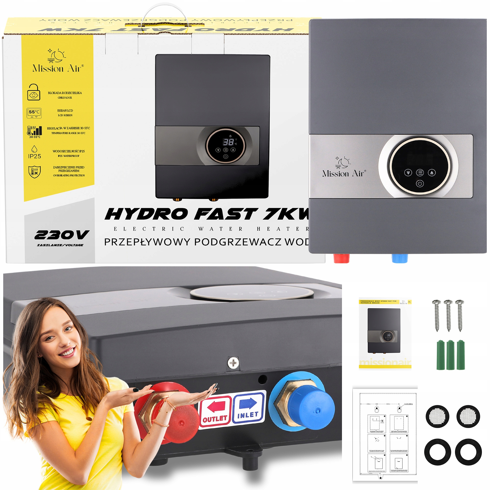 Elektrický Prietokový Ohrievač Vody 7,0 kW Hydro Fast LCD 7000W 230V