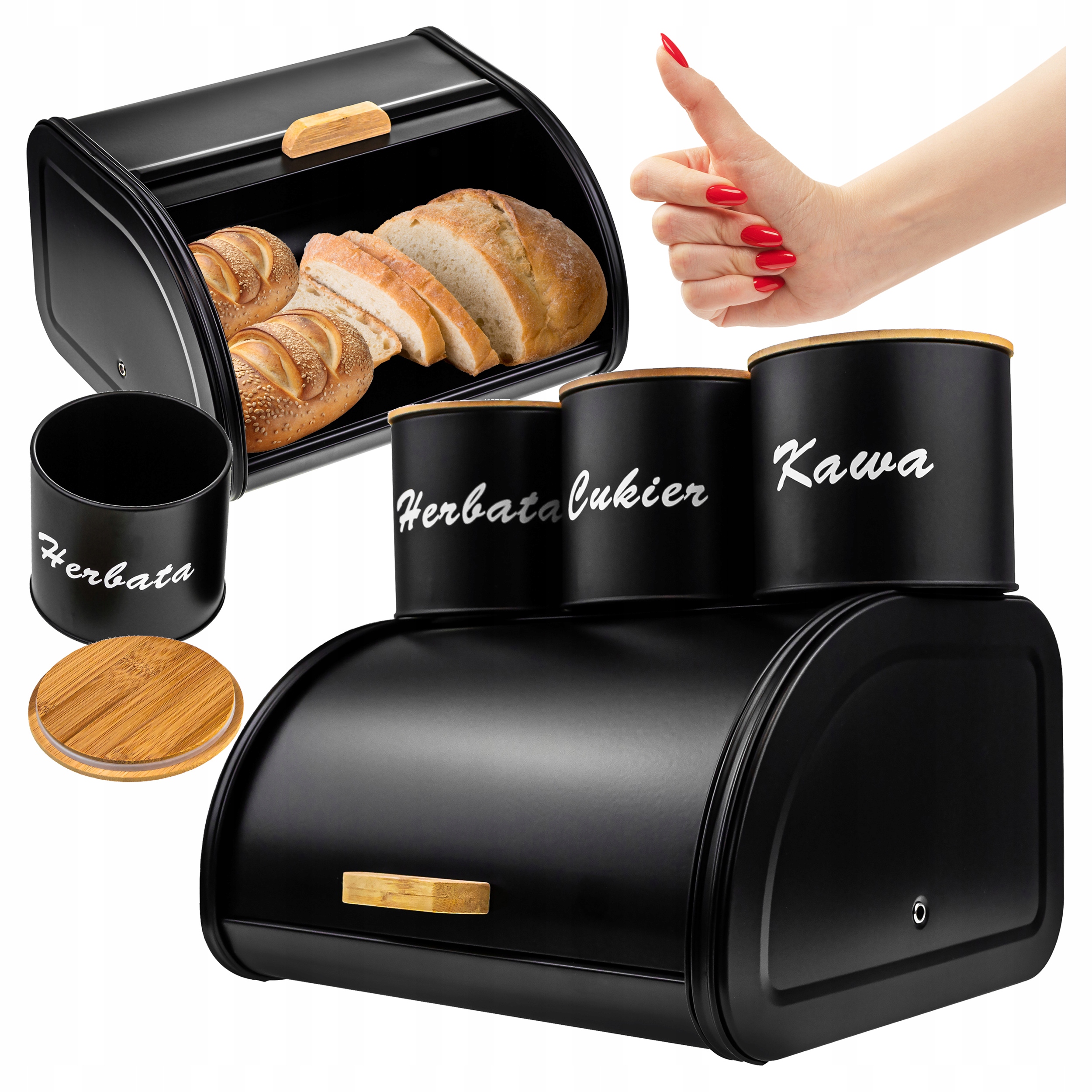 Zestaw CHLEBAK CZARNY NA PIECZYWO 3 POJEMNIKI NA KAWĘ HERBATĘ CUKIER BAMBUS