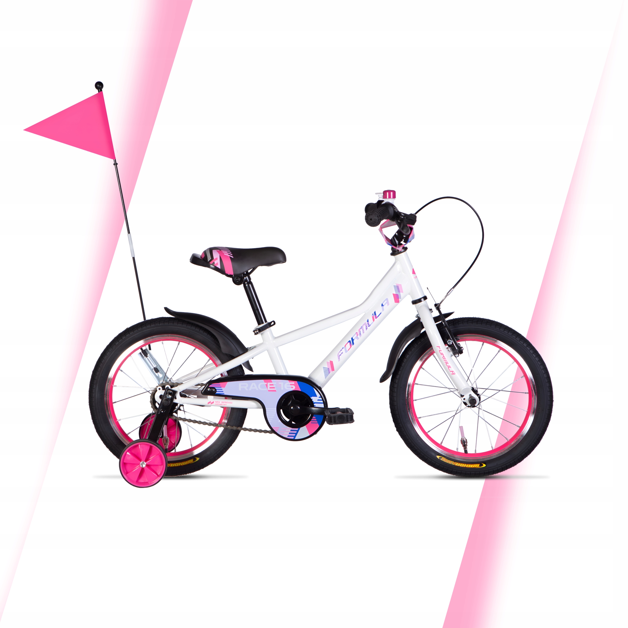 Dziewczęcy Rower dziecięcy koła 16" rama 8,5", Boczne Koła, Flaga, Dzwonek