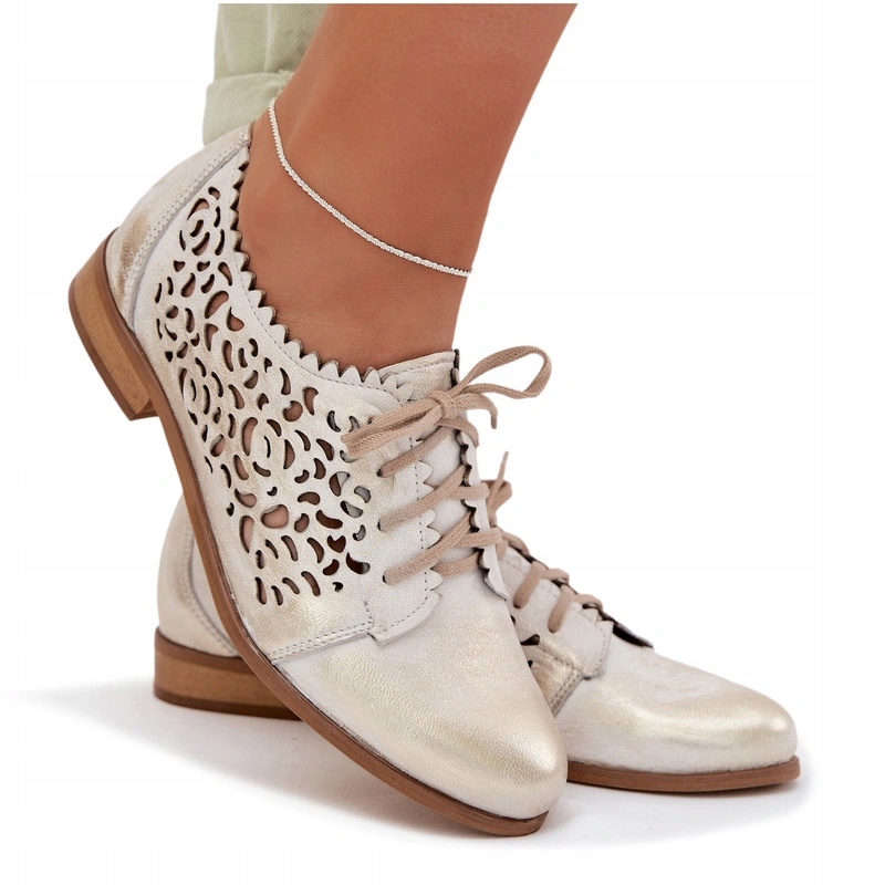 Dámské Polobotky Ažurové Přírodní Kůže Šněrovací Zazoo 3195 Zlaté 36