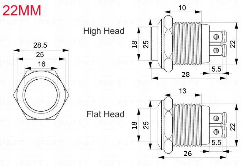 Włącznik przycisk monostabilny chwilowy metalowy płaski wysoki 22 mm Producent PAFT