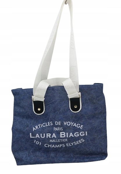 Laura Biaggi - sportowa torebka shopper ciemny niebieski jeans nadruk JS157