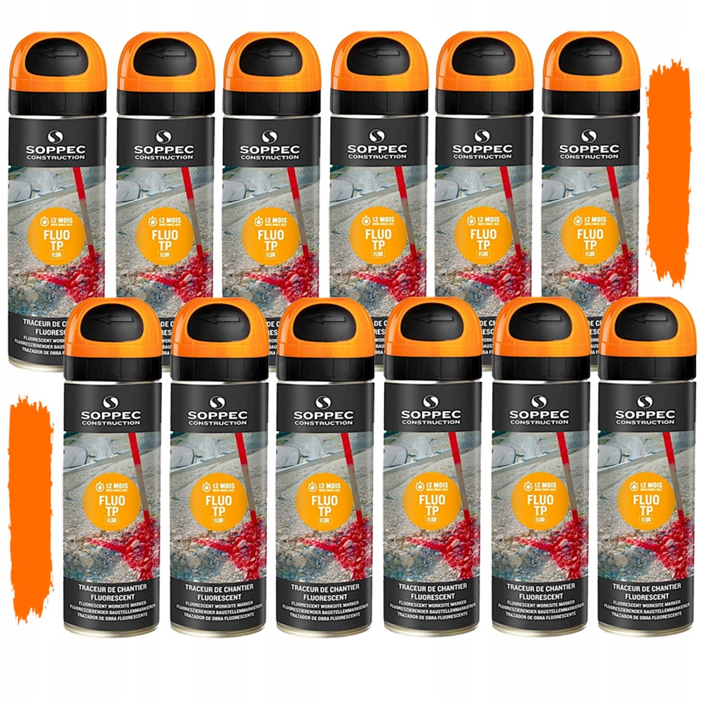 12x FARBA GEODEZYJNA SPRAY FLUO T.P. SOPPEC POMARAŃCZOWA DO ZNAKOWANIA