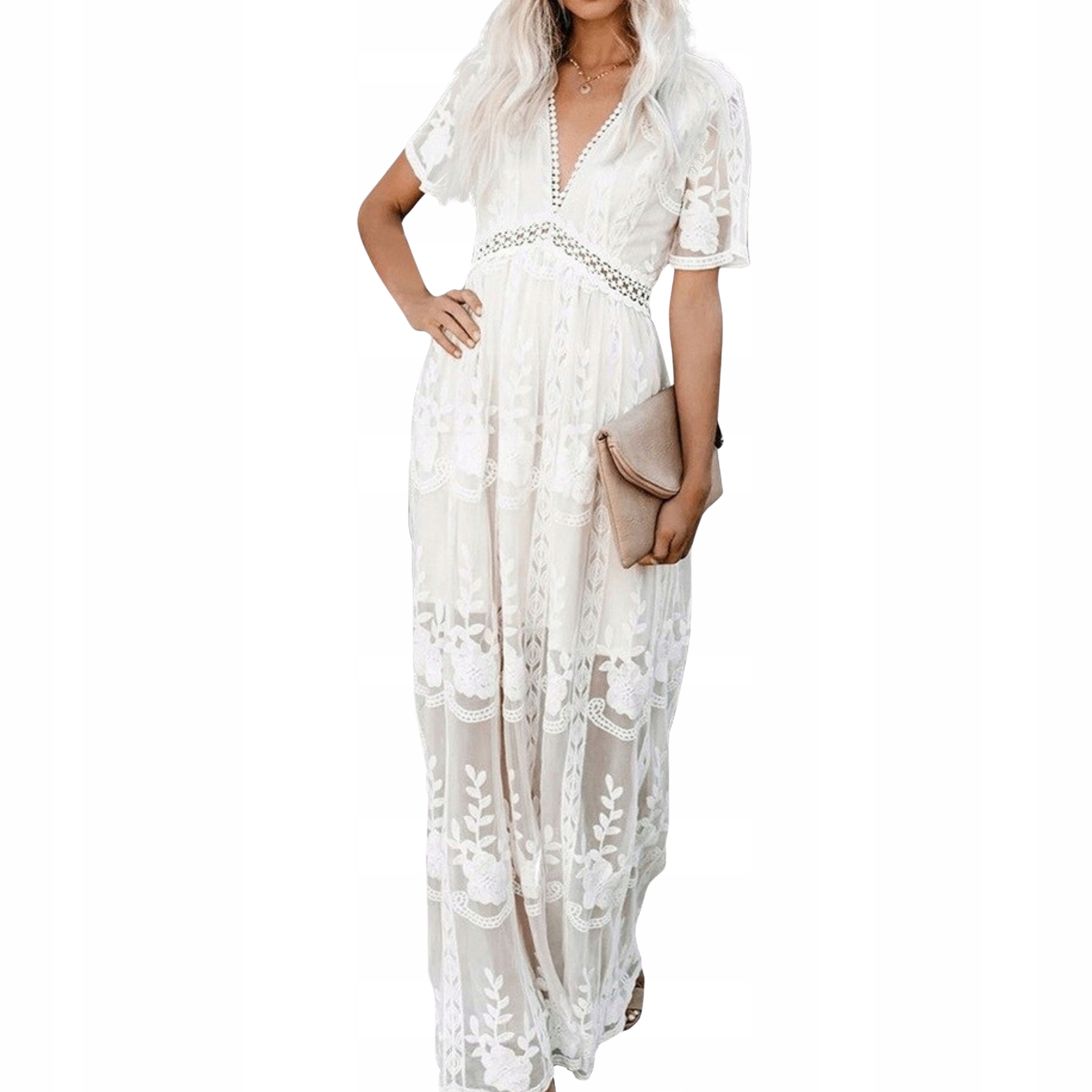 Sukienka damska maxi długa koronkowa biała letnia rozkloszowana