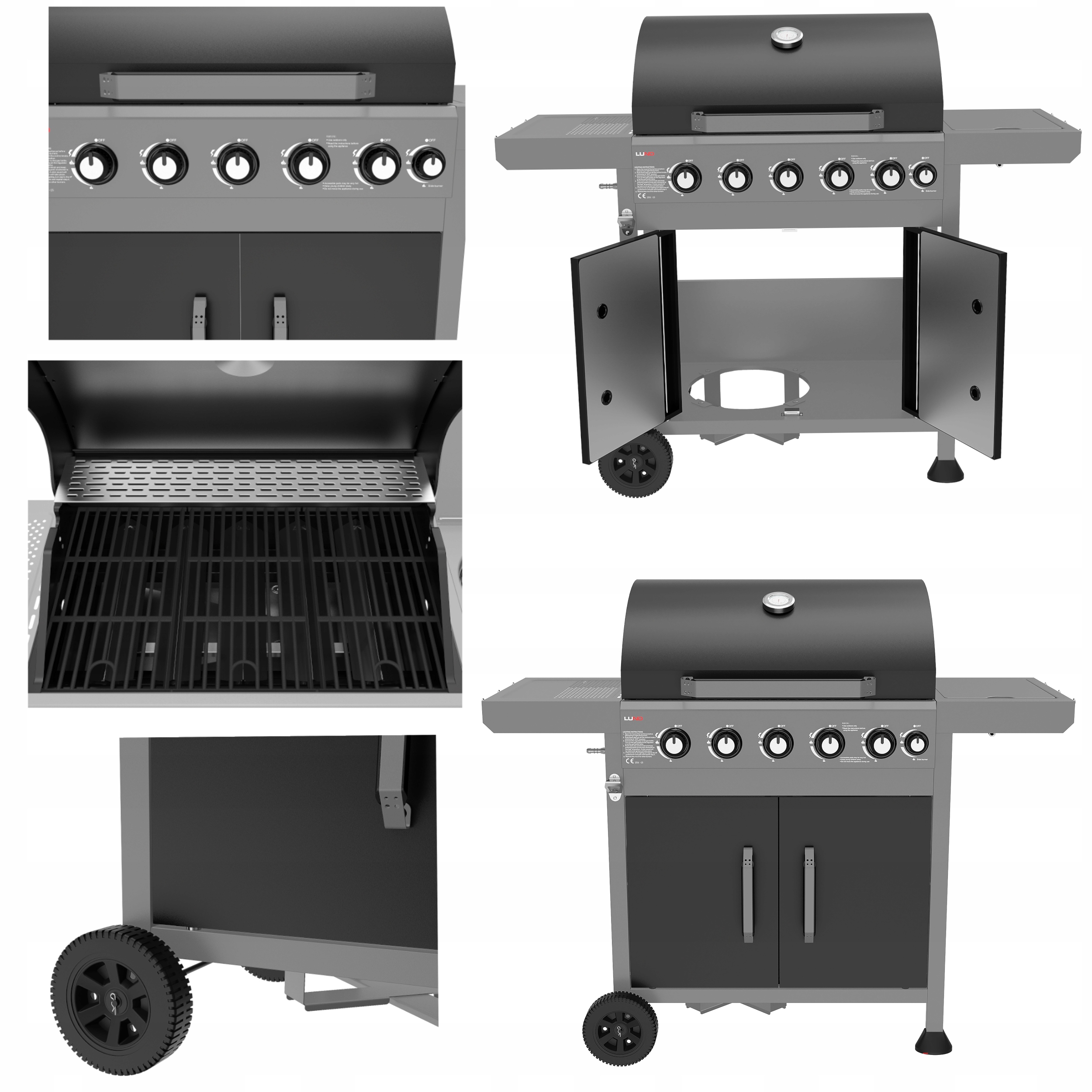Grill Gazowy Ogrodowy 5+1 Palnik Boczny Żeliwny Ruszt Kieszeń Na Butle Lund