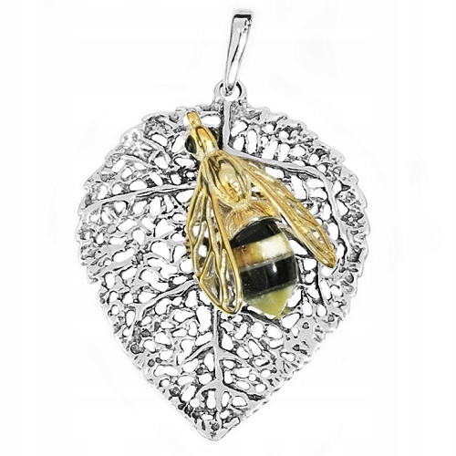 Včela List stříbrný přívěsek s baltským Jantarem Stříbro Ag 925