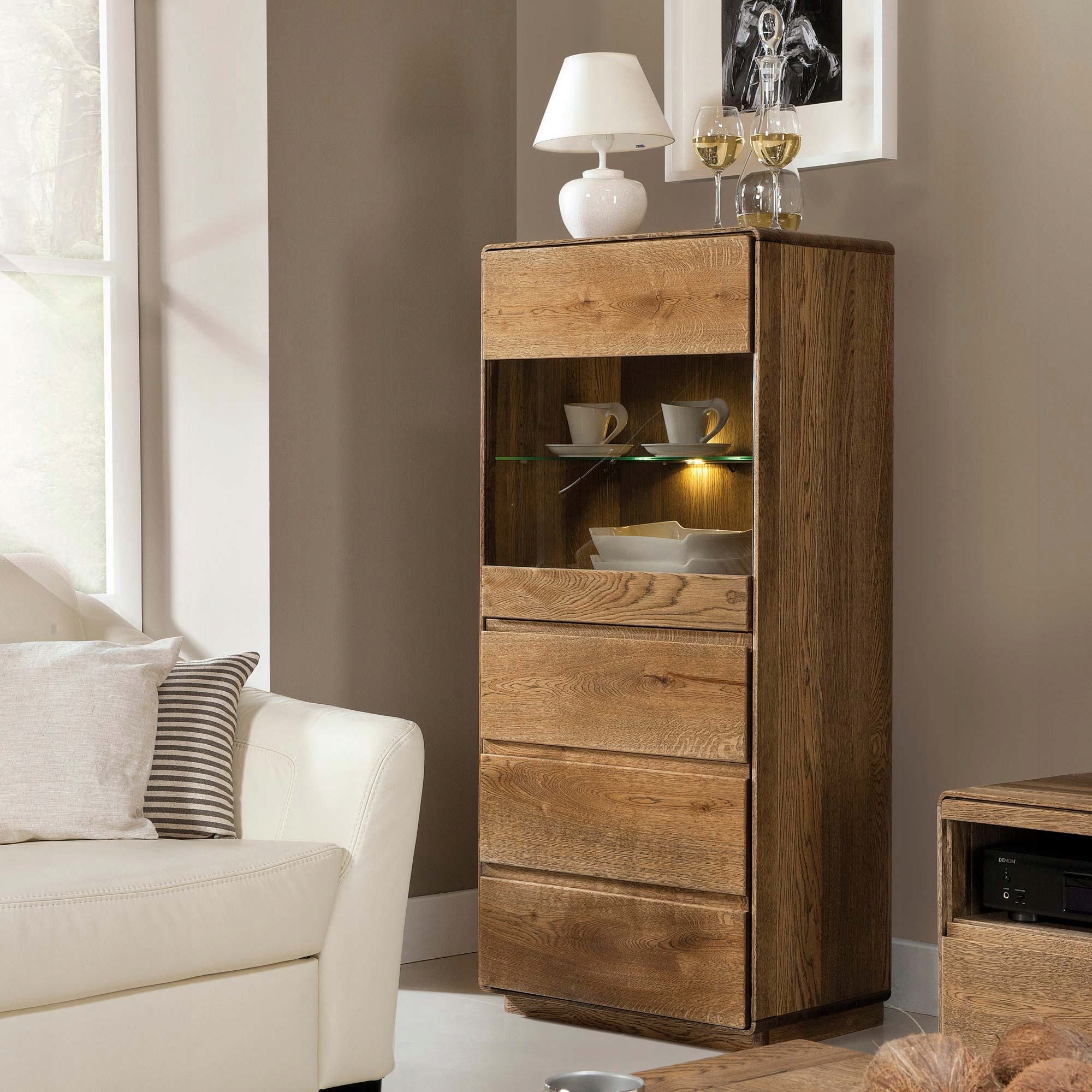 Drewniana Witryna z Barkiem do Salonu Dąb Palony Głębokość mebla 41 cm