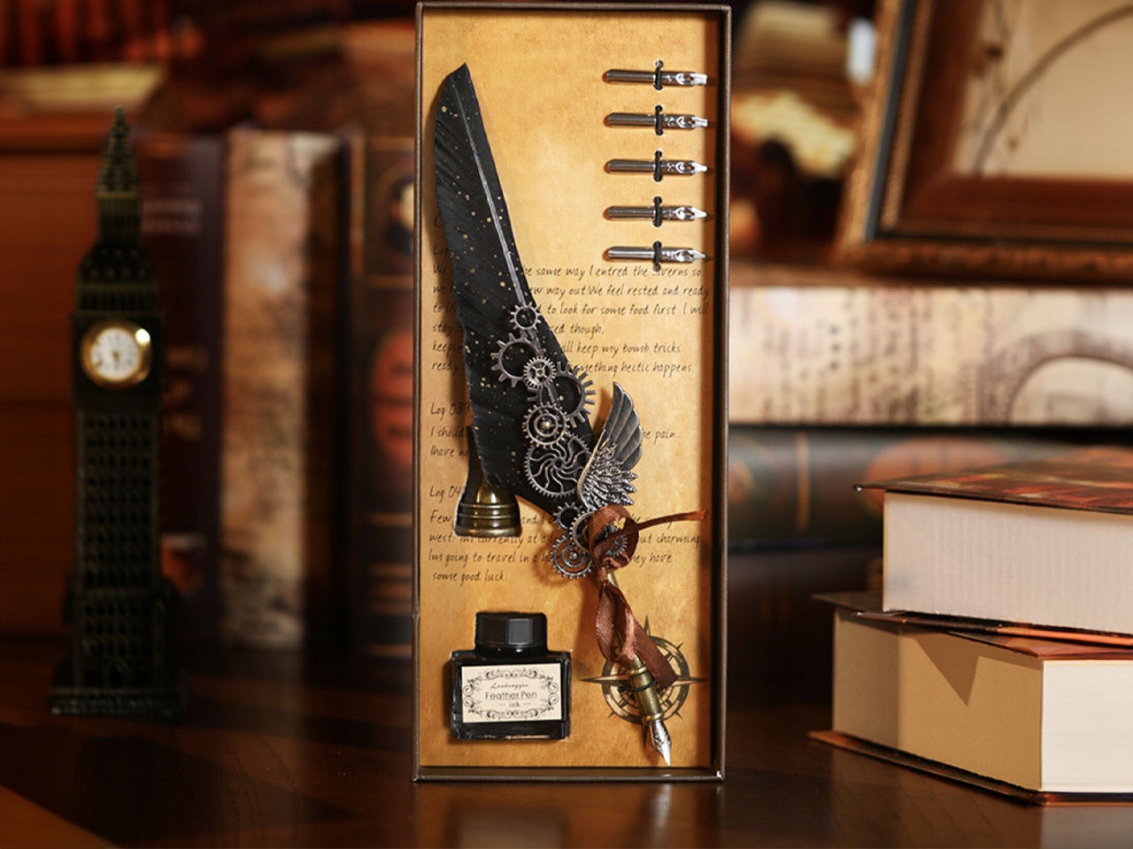 Zestaw Piśmienniczy Pióro Kałamarz Atrament 5 Stalówek Czarny