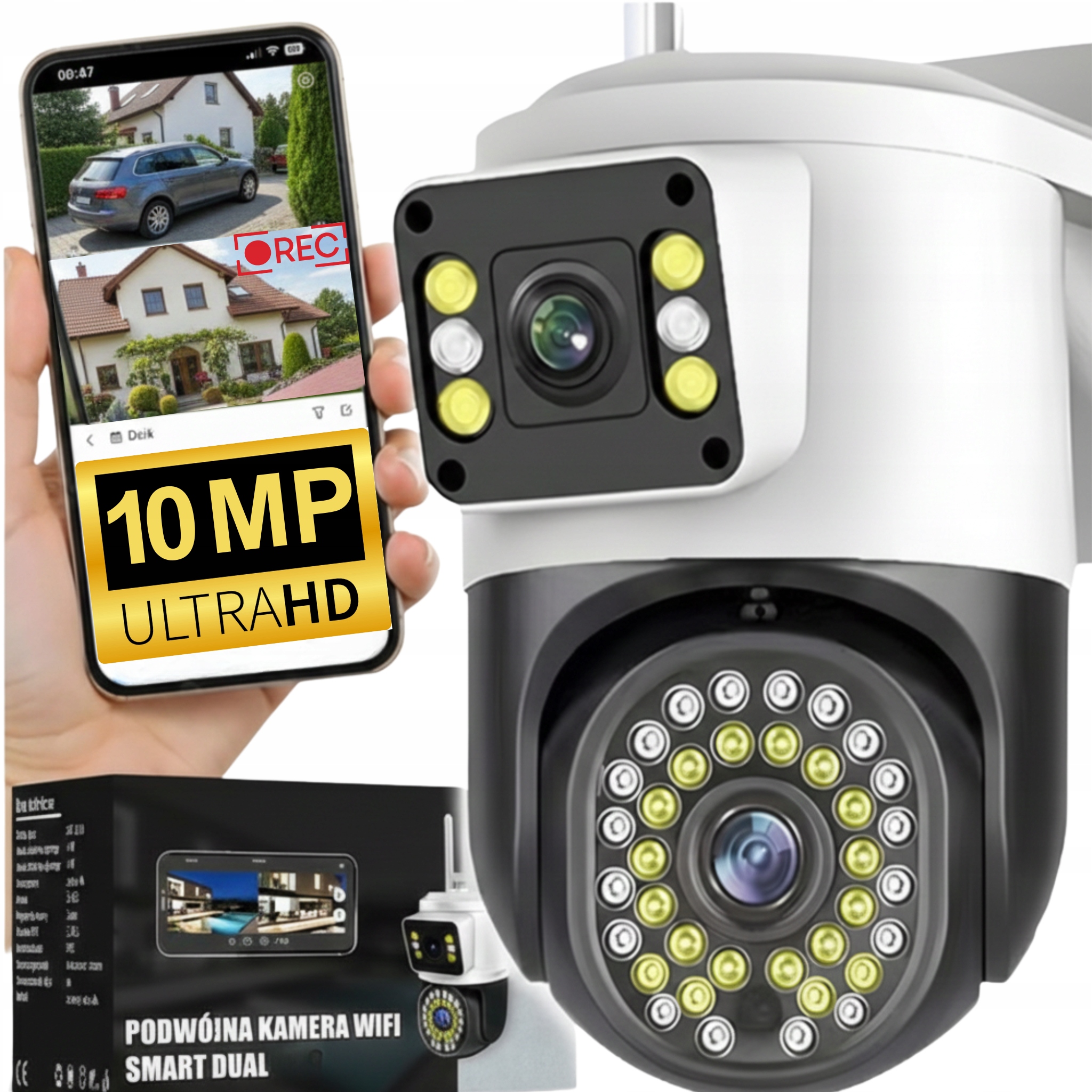 Podwójna kamera WiFi IP smart zewnętrzna obrotowa UHD 10MP zoom aplikacja