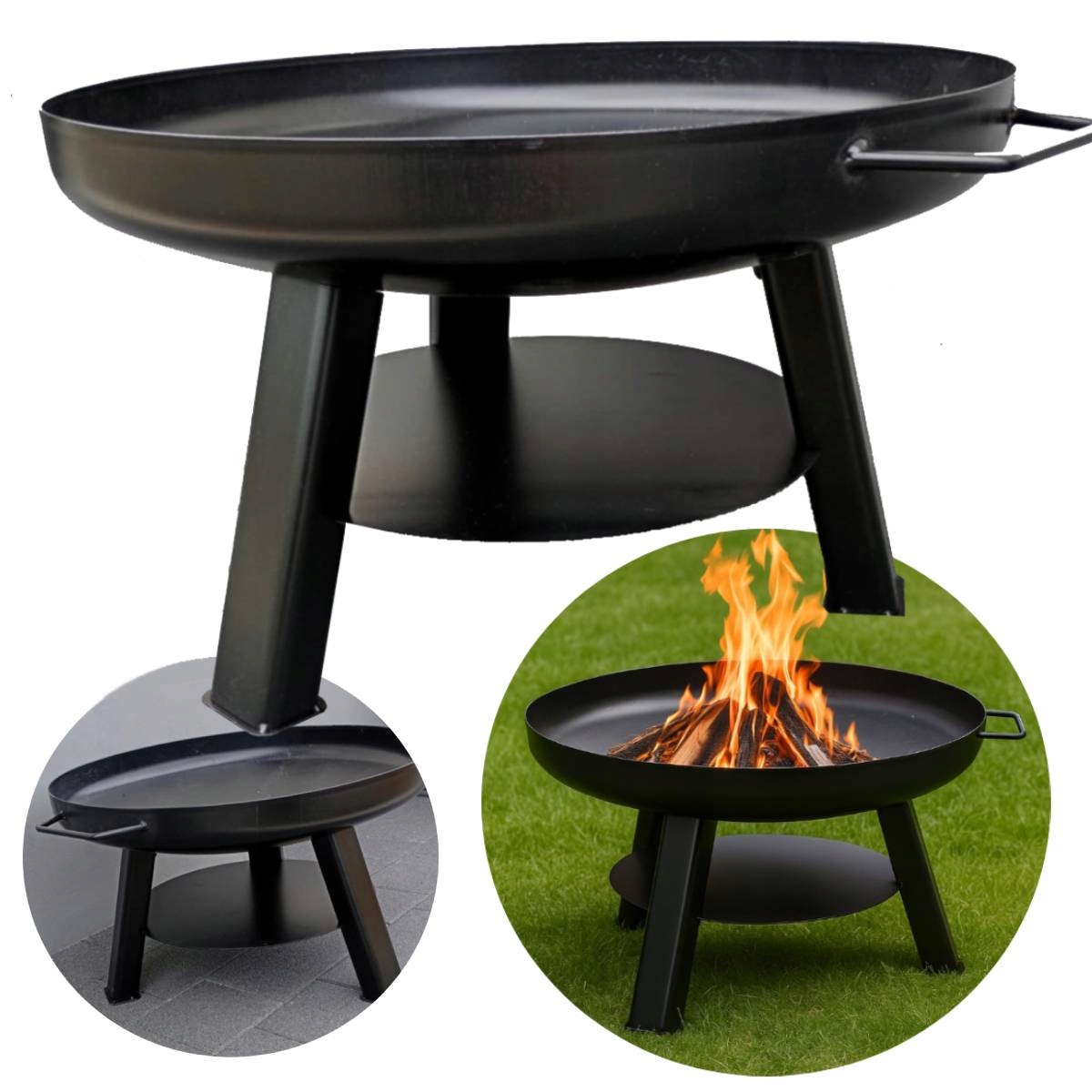 Palenisko ogrodowe stalowe 65 cm z uchwytami i osłoną żaroodporną
