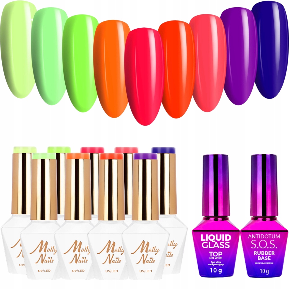 9x Hybridní lak Mollynails 8g Vivid Vibes Báze Top Set Jarní