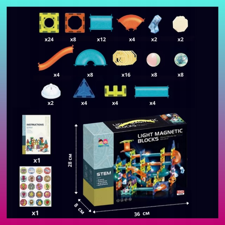 Klocki MAGNETYCZNE KONSTRUKCYJNE świecący tor 110 el 3D MAGNETIC Edukacyjne Liczba elementów 110 szt.