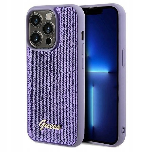 Etui Guess Sequin Script Metal na iPhone 13 Pro 13 fioletowe