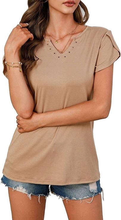 Elegantní dámská mikina V-Neck Prodyšná Krátký rukáv Casual Hnědá S