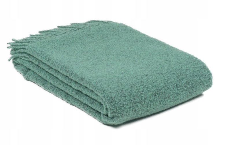 Koc wełniany Merynos Bukle 140x200 Bouclé z frędzlami Miętowy| Kampol