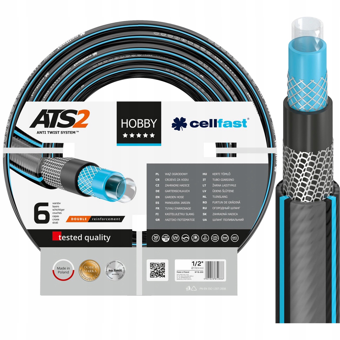 Zahradní Hadice 6-VRSTVÁ Ultra Odolná Uv Závlaha 1/2" 32 Bar 50M Cellfast