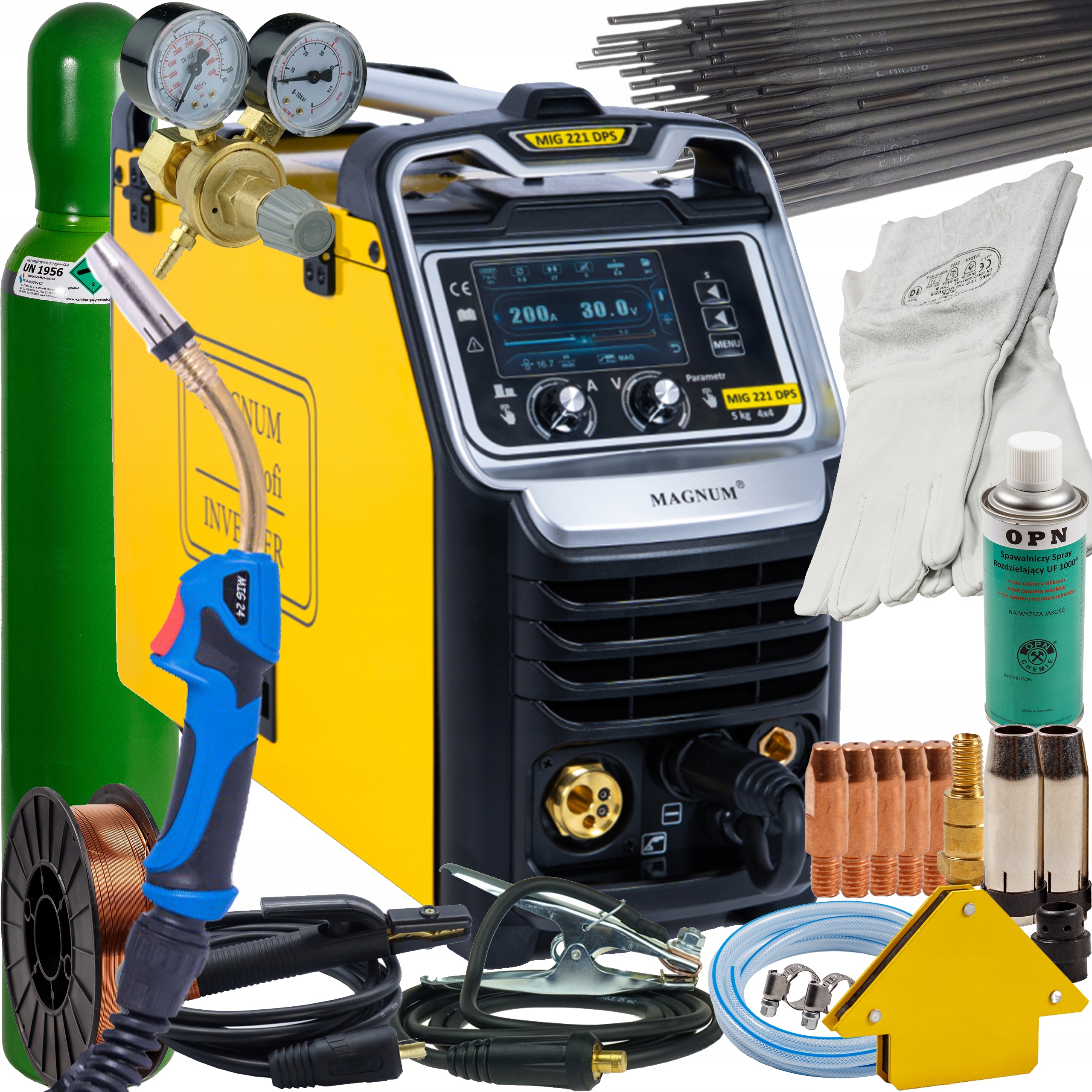 Svařovací stroj Migomat Magnum Mig 221 Dps Mag Tig Puls Synergia 200A sada 3 kusů