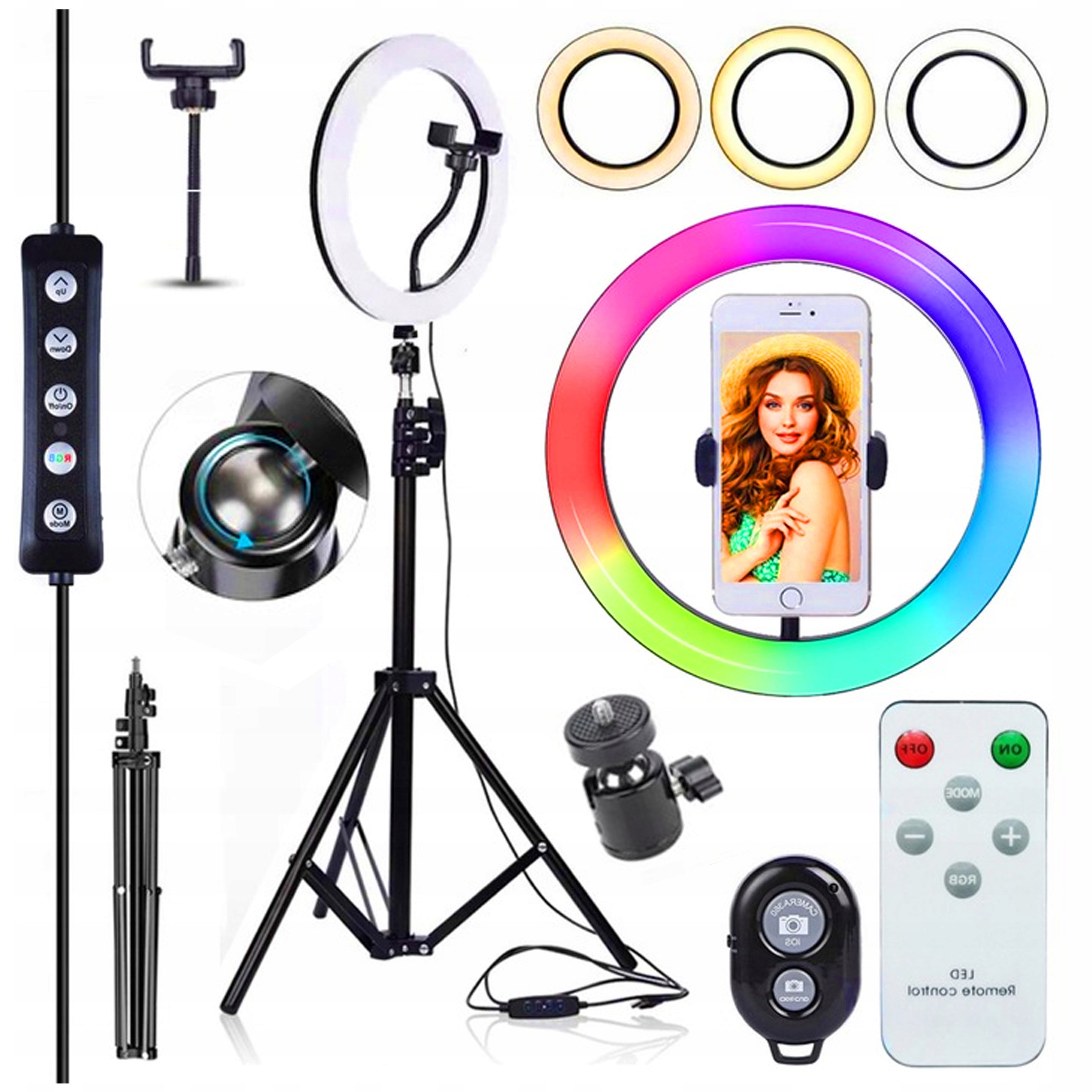 LAMPA PIERŚCIENIOWA LED RGB STATYW 160 cm DO SELFIE + PILOT