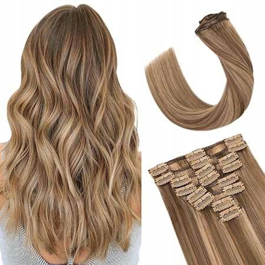 Připínací nástavce Tess z přírodních vlasů, 8 kusů karamelového balayage