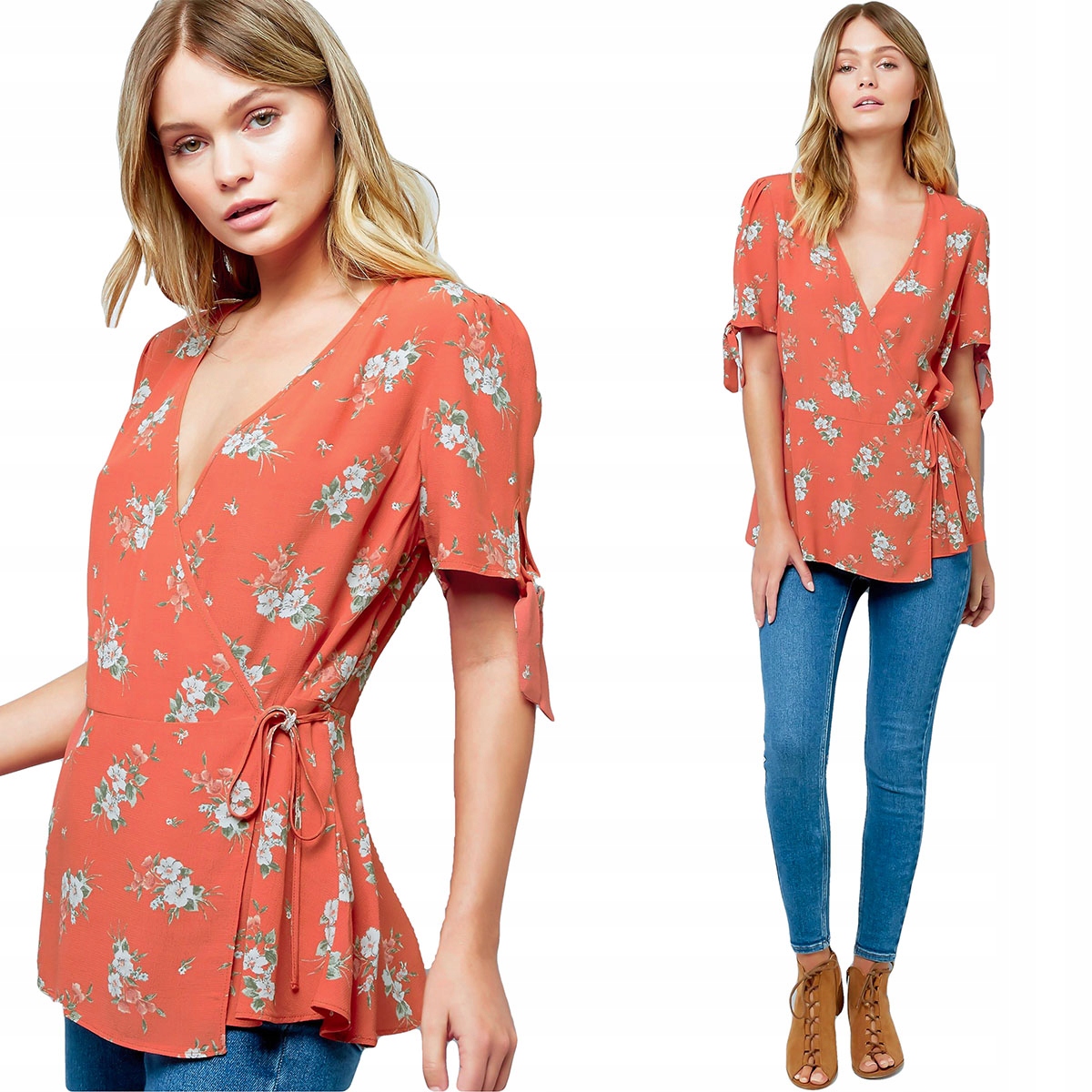 

New Look Koralowa Wiązana Bluzka w Kwiaty XL 42