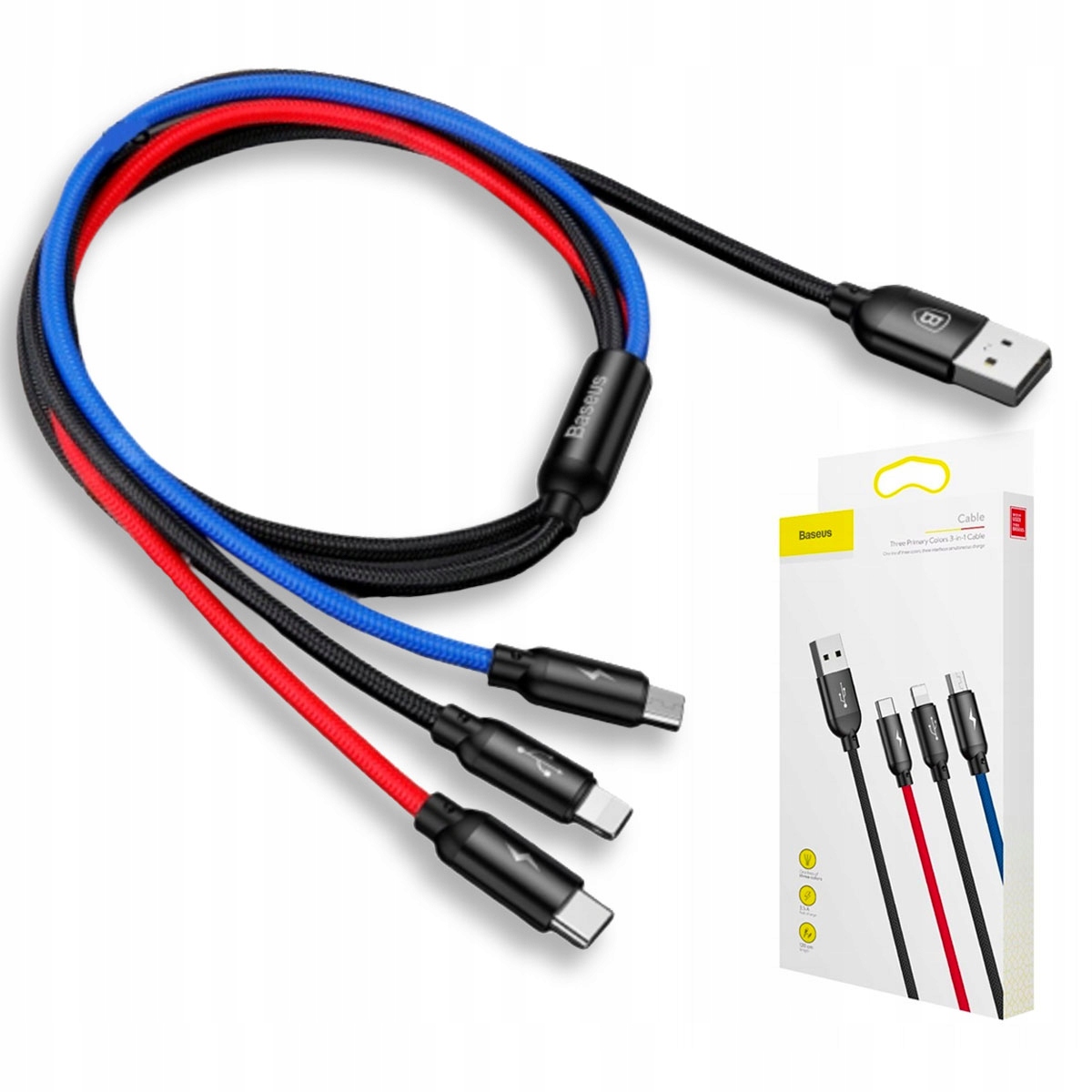 BASEUS KABEL DO TELEFONU PRZEWÓD USB TYPU C LIGHTNING MICRO USB 3A 1.2M