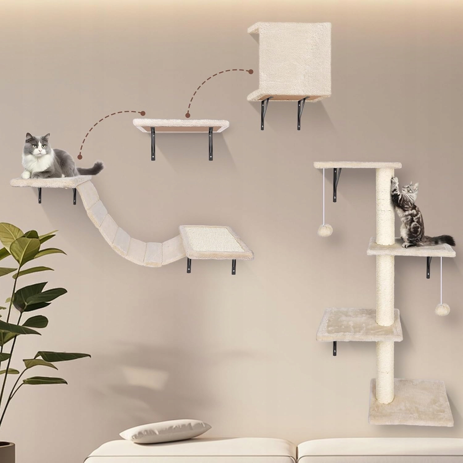 Ścianka wspinaczkowa 10-częściowy drapak hamak dla kotów most wiszący Beż