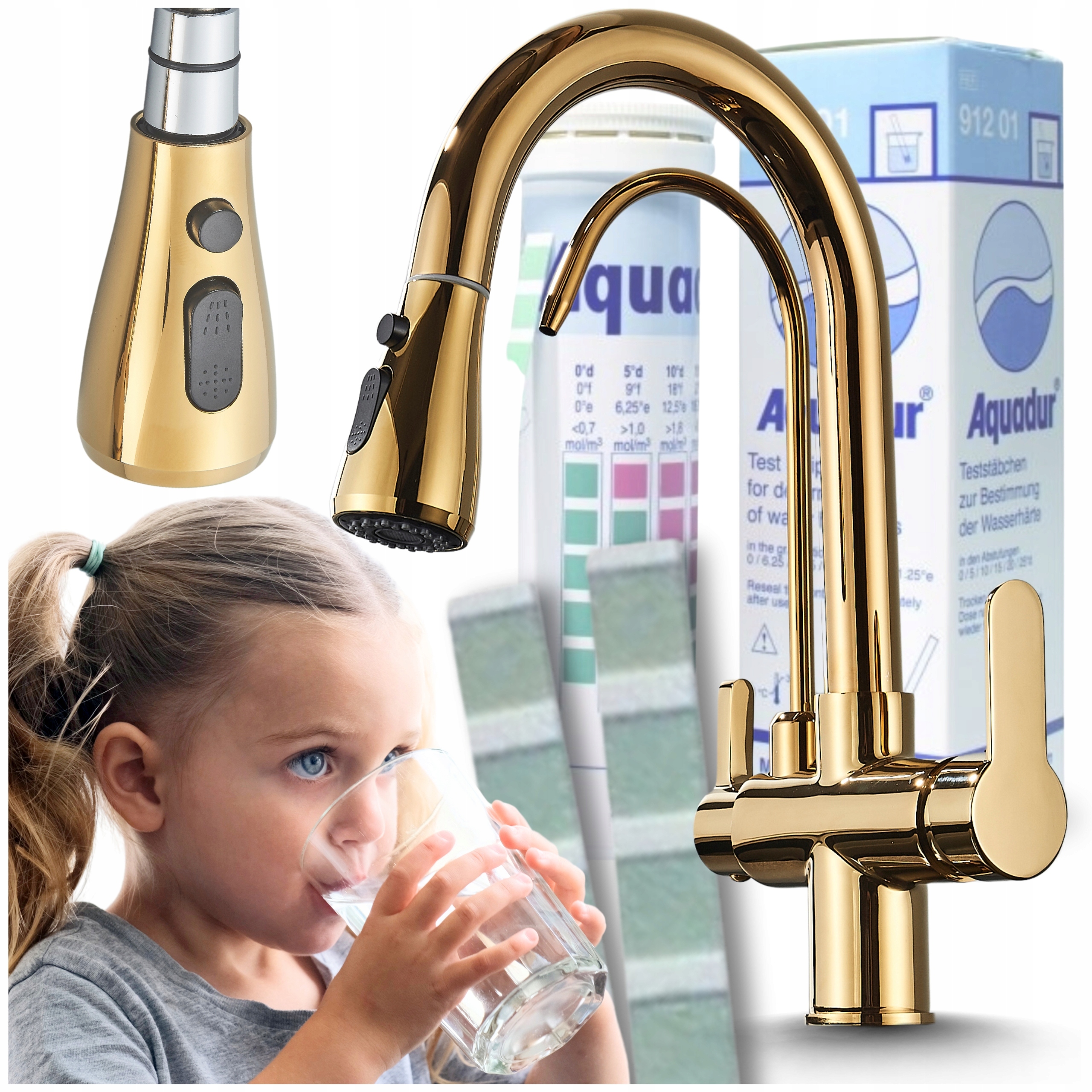 Kuchyňská Baterie pro filtr vody, zlatá, s vytahovací sprchou