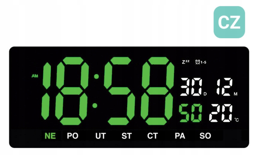Veľký Čitateľný Zelený Budík Led Jvd DH3604.4 Alarmy Česká Verzia