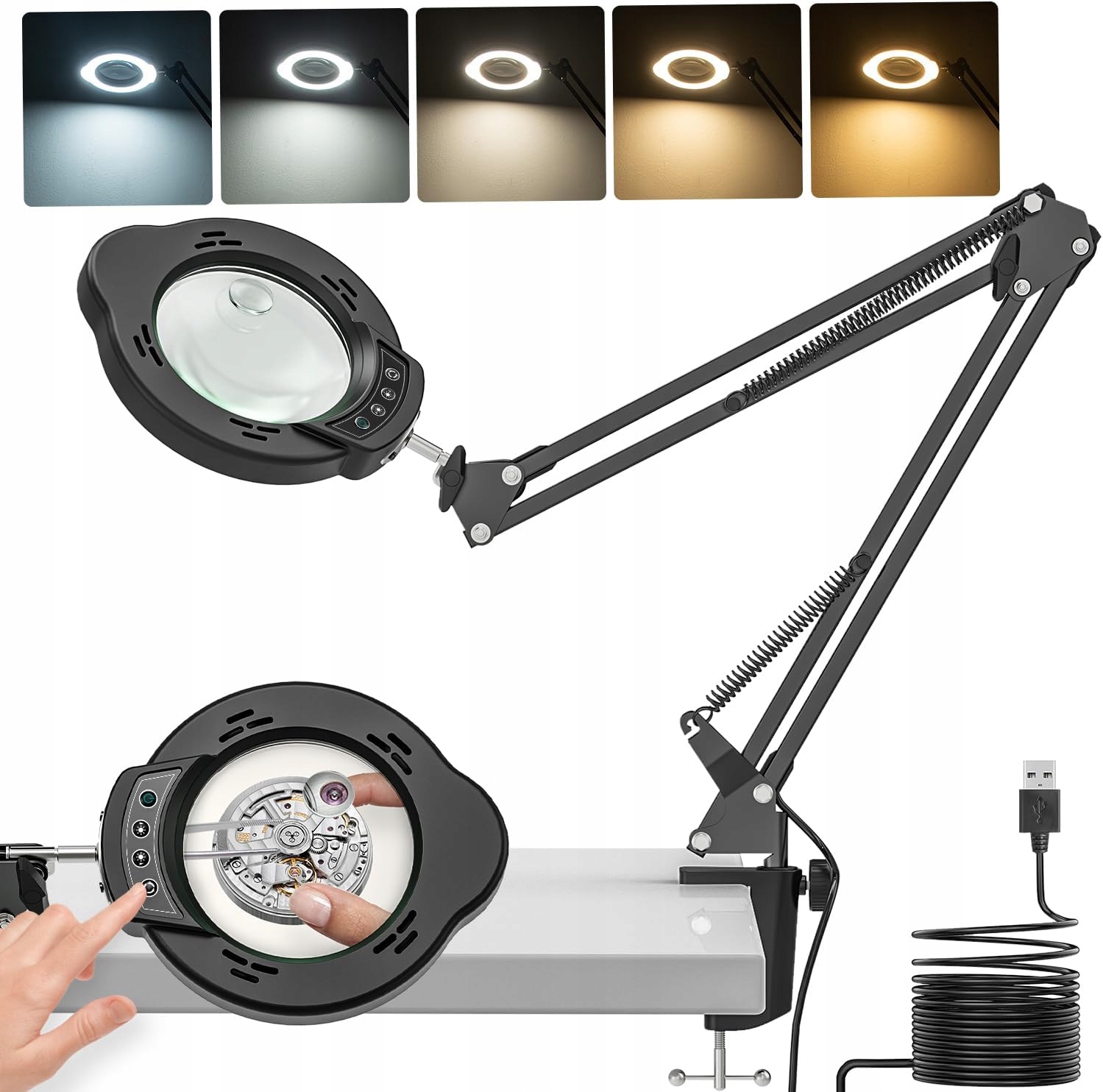 LAMPA BIURKOWA LED LUPA 15X 10X ZACISK RAMIĘ 5 TRYBÓW JASNOŚCI