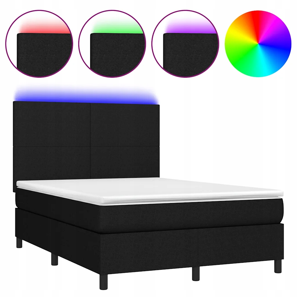 Černá kontinentální postel s matrací 203x144x118/128 cm a Led osvětlením