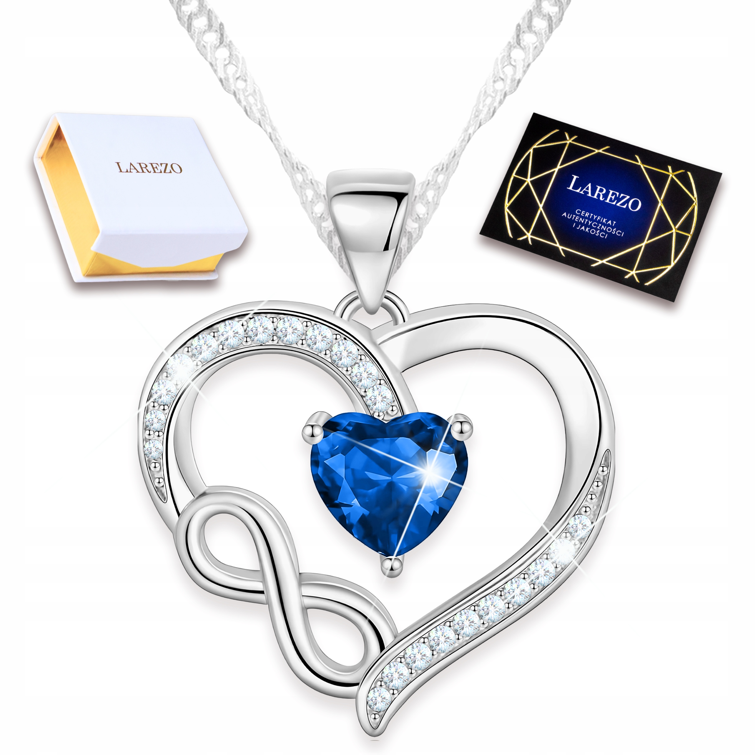 Stříbrný náhrdelník 925 Křišťálové modré srdce Nekonečno Zirkony