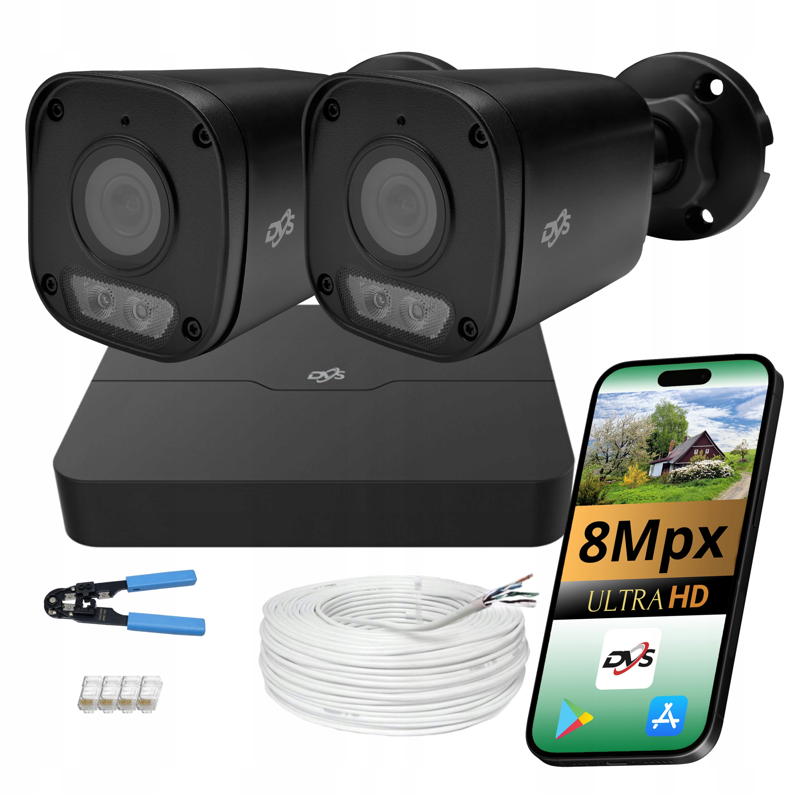 Monitorování Domu 2x Černá Kamera Tuba 8MPX Ip Poe Infračervená Led Aplikace