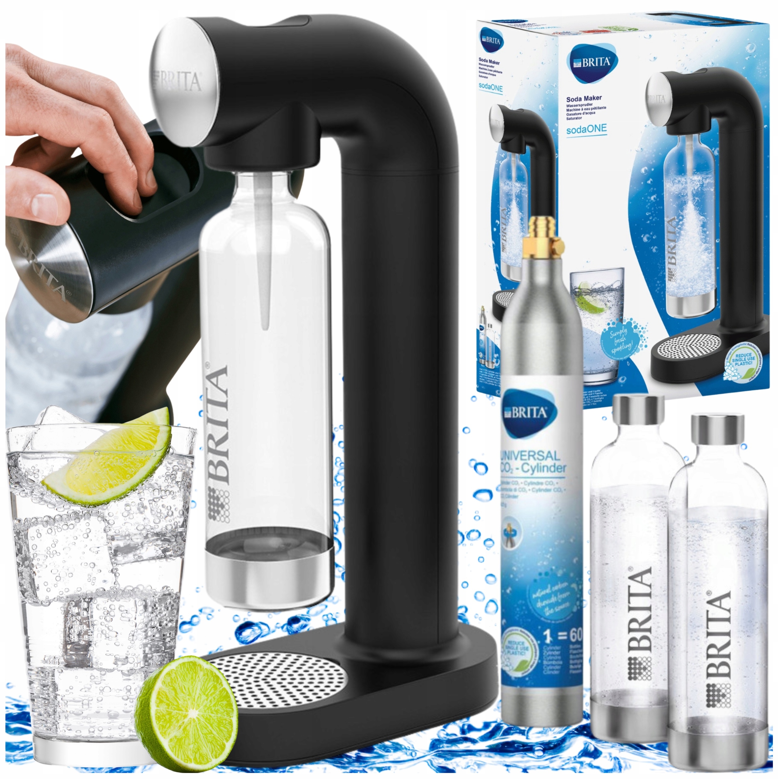 Sodaone Brita Výrobník Sody Černý Set Na Plynování Vody Cylinder Butla x 3