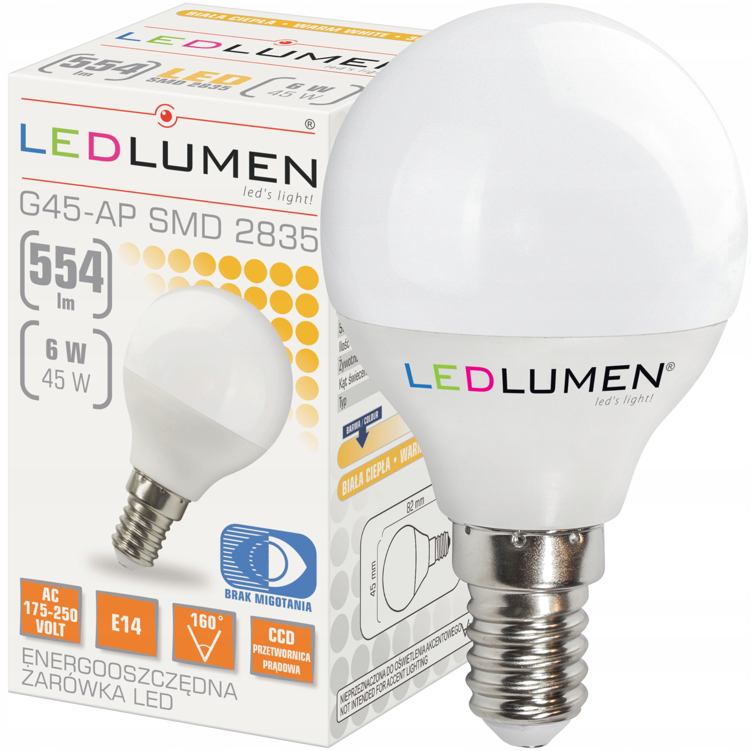 

Żarówka Led E14 Kulka 6W=45W 554lm CCD Ledlumen