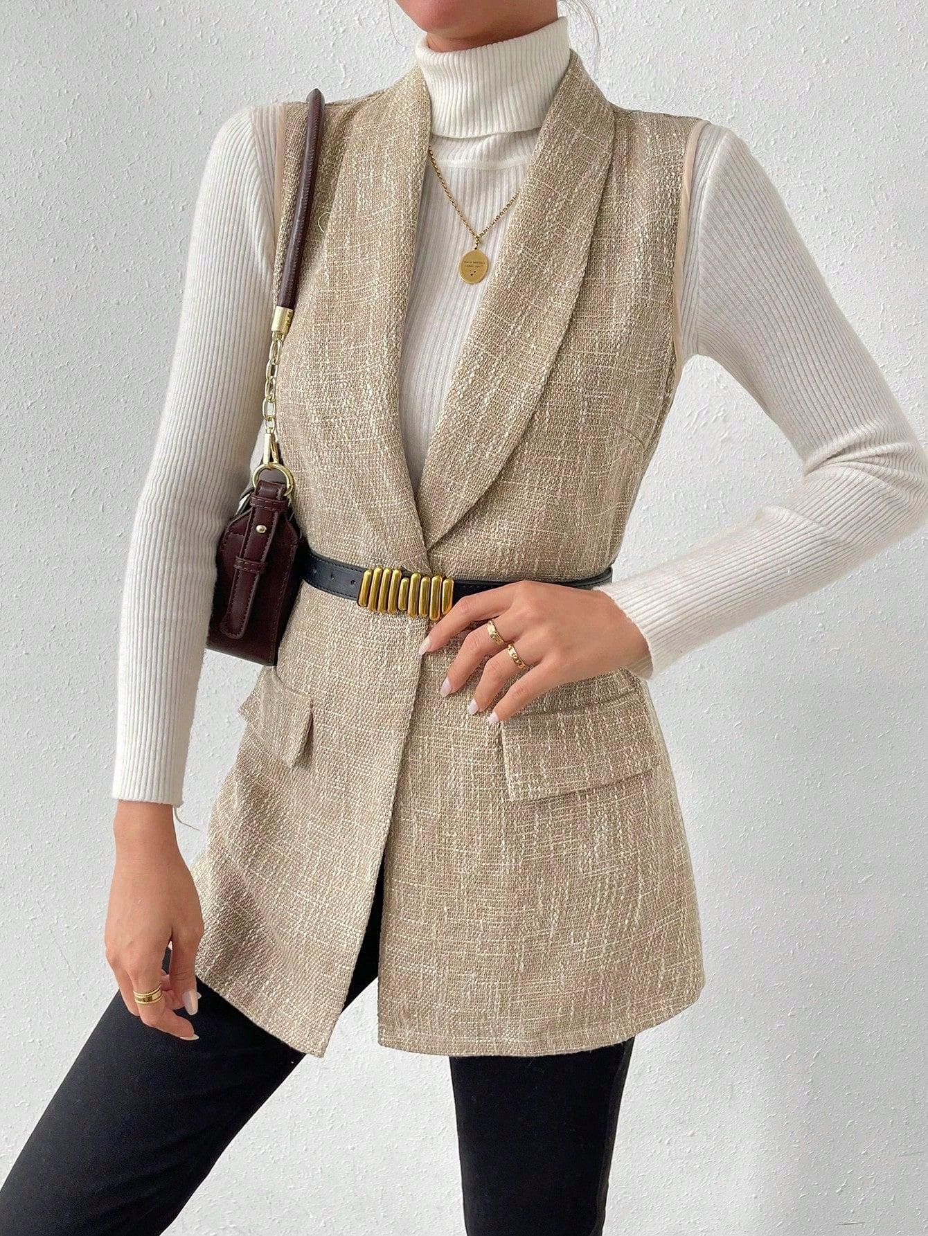 BEŻOWA DŁUGA KAMIZELKA NA GUZIKI DEKOLT V ELEGANCKA SHEIN 38 Rozmiar 38