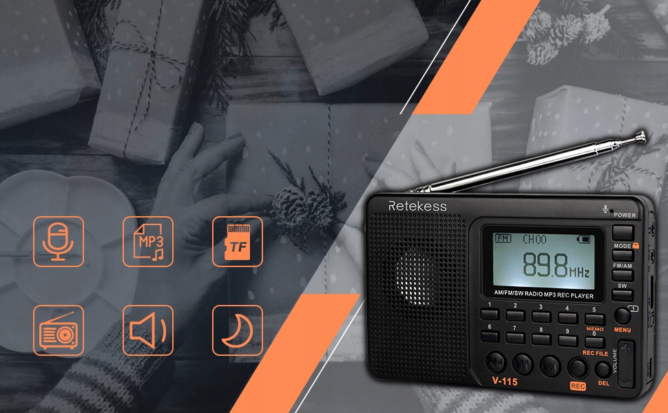 Retekess V115 Przenośne Radio, FM/AM/SW Mini kuchenne Radio, Odtwarzacz MP3 Model V115