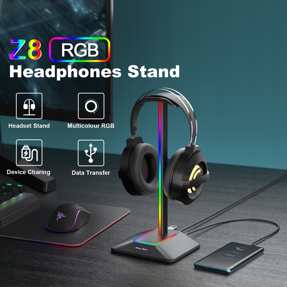 STOJAK STATYW NA SŁUCHAWKI GAMINGOWY NEW BEE PODŚWIETLENIE RGB LED USB HUB Materiał dominujący metal