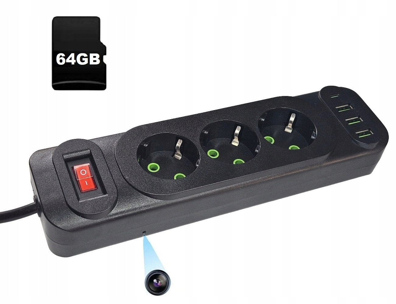 Skrytá Kamera Predlžovací Kábel Napájacia Lišta 3 Zásuvky Pamäť 64GB Wifi